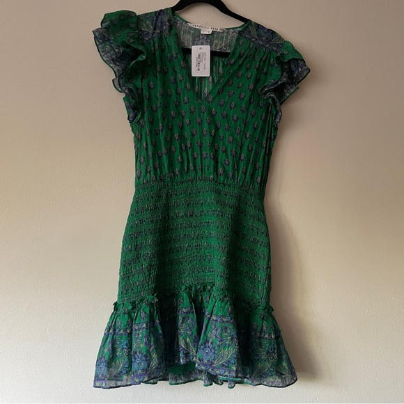 Veronica Beard Brindelle Mini Dress Smocked Flutter Sleeve Kelly Green Size 4 - Picture 9 of 15